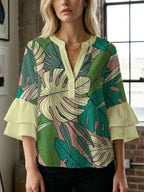 Women's Blouse with Voluminous Flutter Sleeves and Leaf Print