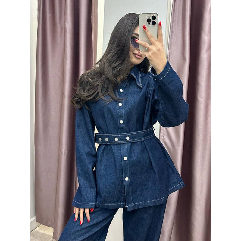 Women's Vintage-Style Denim Blazer Set with Waist Belt