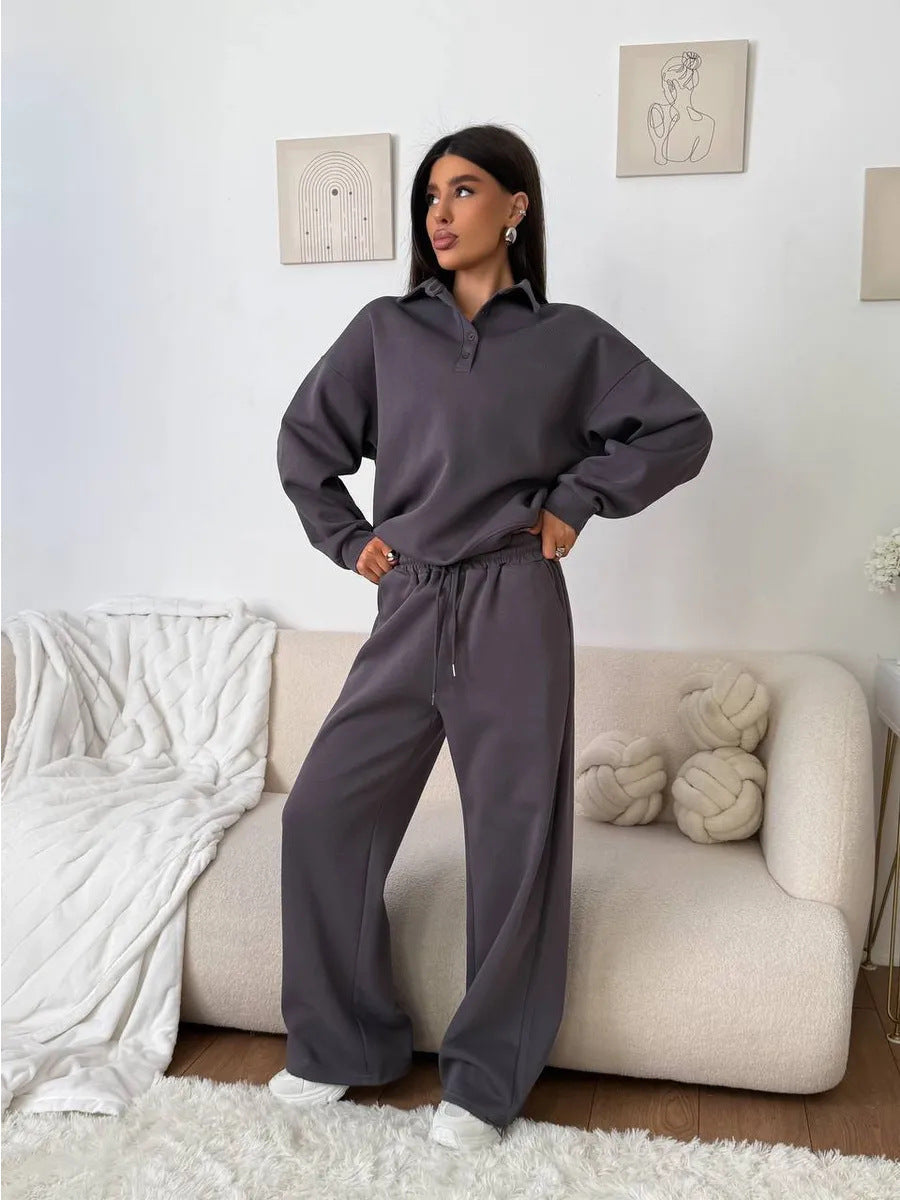 Women's wide Polo lounge set with elastic drawstring waistband and wide-leg jogging pants
