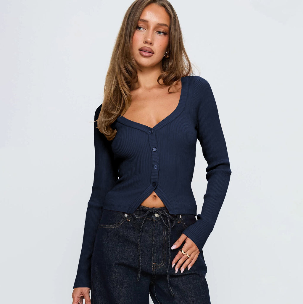 Women's Elegant Ribbed V-Neck Cardigan with Button Placket
