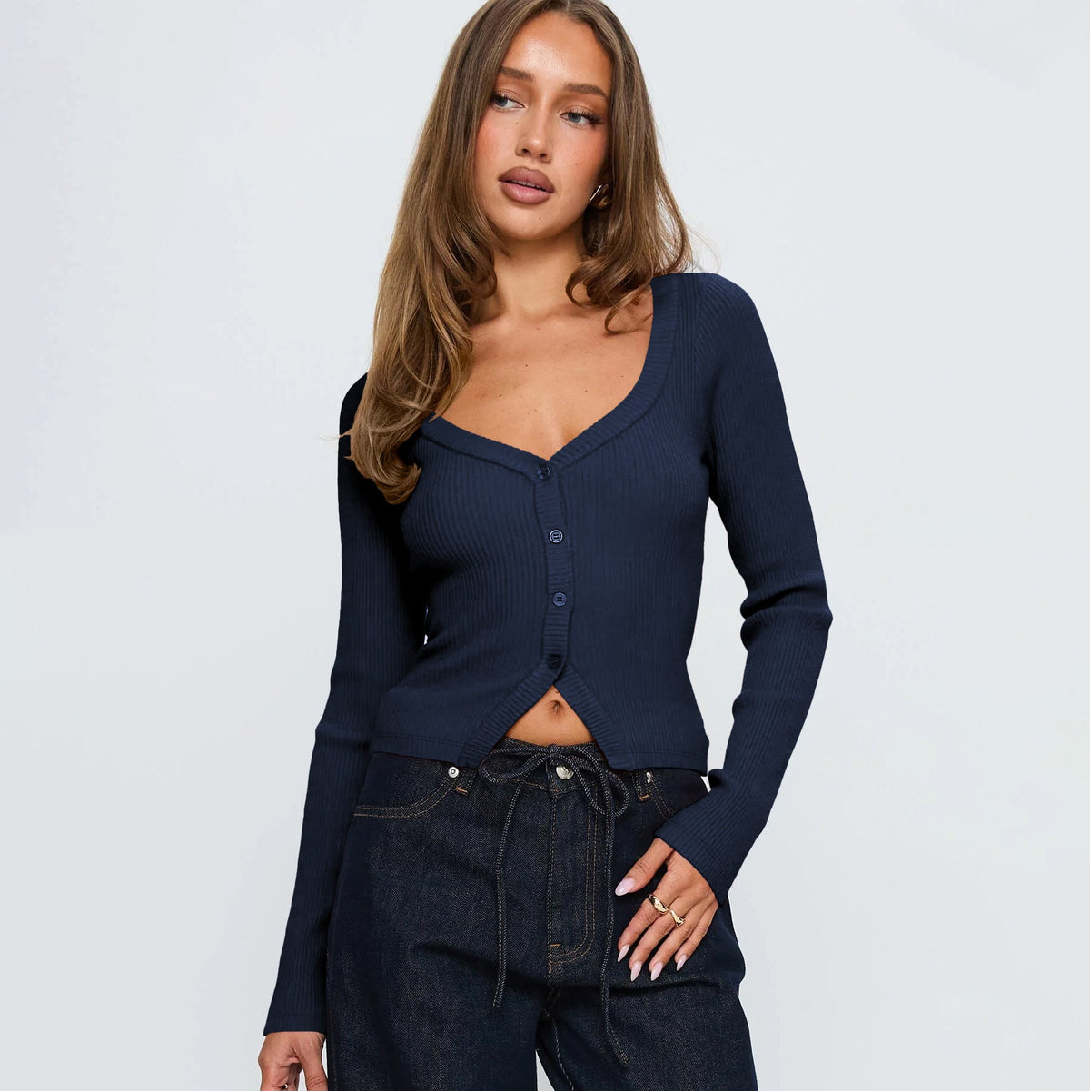 Women's Elegant Ribbed V-Neck Cardigan with Button Placket
