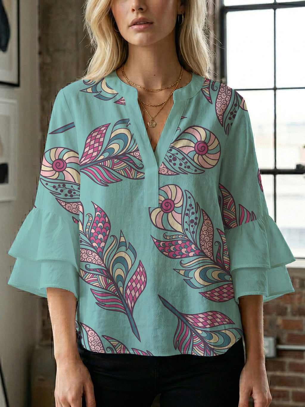 Women's Blouse with Voluminous Ruffle Sleeves and Floral Design