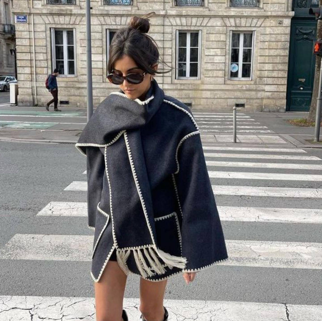 Women's Coat with Fringe Detail and Elegant Button Placket
