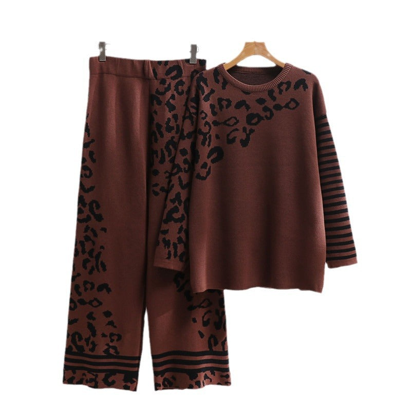 Women's Fashionable Lounge Set with Animal Print and Wide Stripes