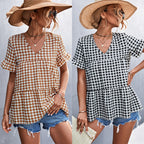 Women's Blouse with Ruffled Hem and Plaid Pattern