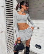 Women's Crop Top and Skirt Set with Refined Waistband