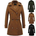 Women's Elegant Peacoat with Double-Breasted Button Placket and Waist Belt