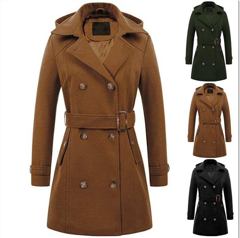 Women's Elegant Peacoat with Double-Breasted Button Placket and Waist Belt