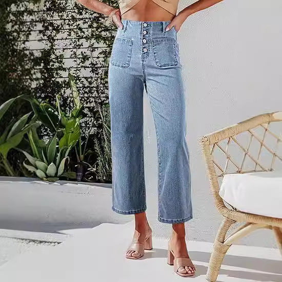 Women's High-Waist Jeans with Button Detail and Wide Leg