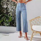 Women's High-Waist Jeans with Button Detail and Wide Leg