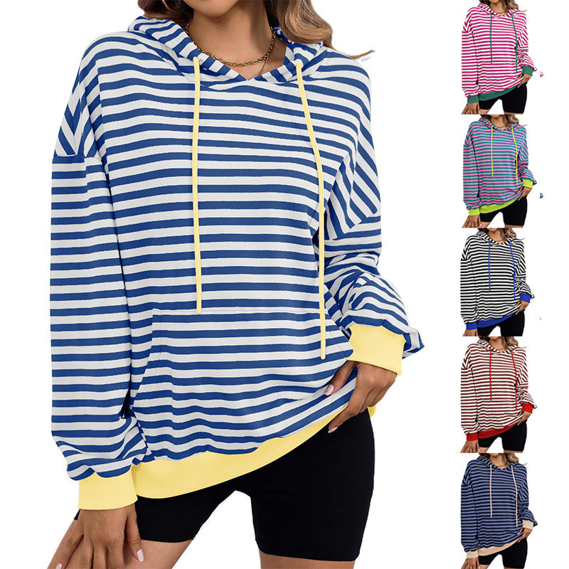 Women's Striped Hoodie with Kangaroo Pocket
