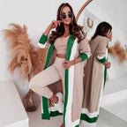 Women's Fashionable Long Knit Coat with Unique Color Block Design and Wide Collar