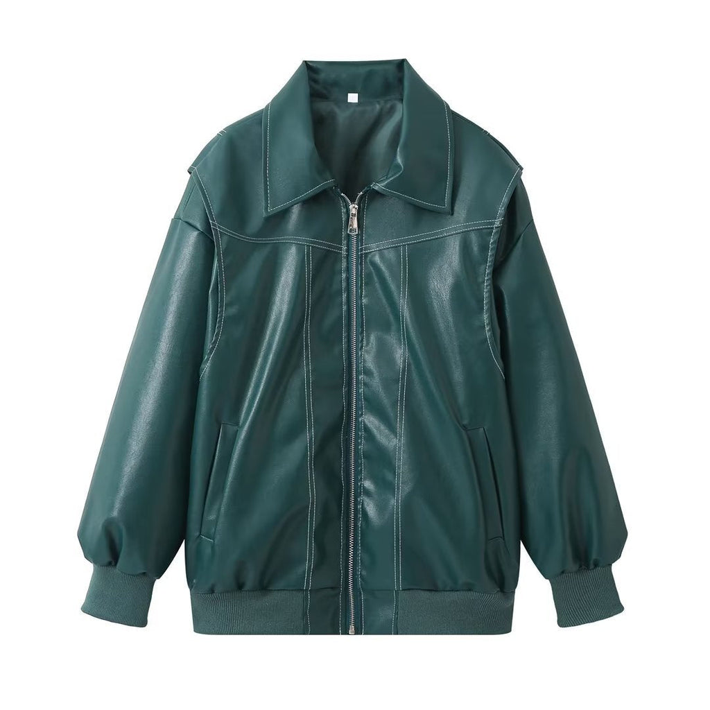 Women's Elegant Faux Leather Jacket with High Collar and Elastic Cuffs