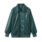Women's Elegant Faux Leather Jacket with High Collar and Elastic Cuffs