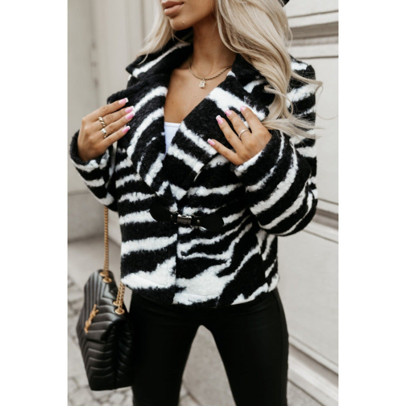 Women's Designer Fleece Jacket with Leopard Print and Button Detail