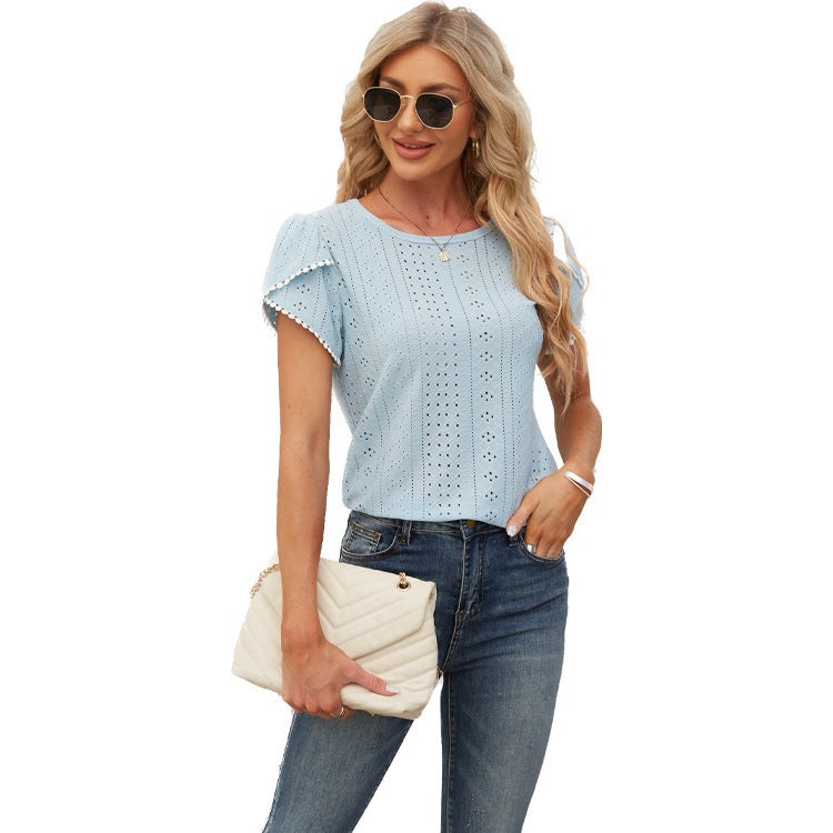 Women's Elegant Blouse with Ruffled Sleeves and Eyelet Pattern