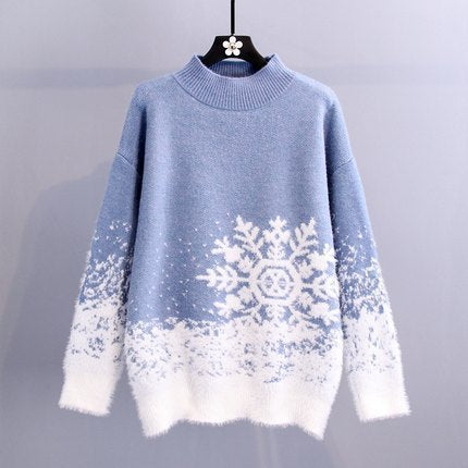 Women's Cozy Knit Sweater with Winter Snowflake Motif