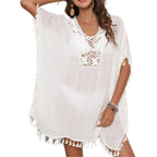 Women's Airy Beach Poncho with Crochet Neckline and Fringe