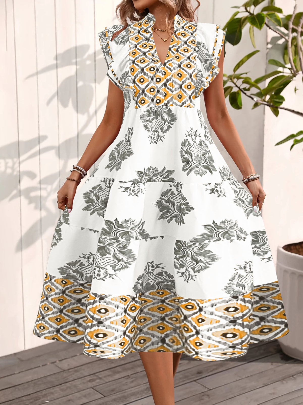 Women's Casual Blouse Dress with Floral Pattern and Modern V-Neck