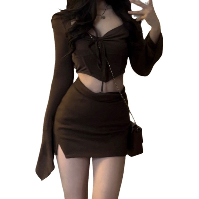 Casual Knot-Front Crop Top and Mini Skirt Set