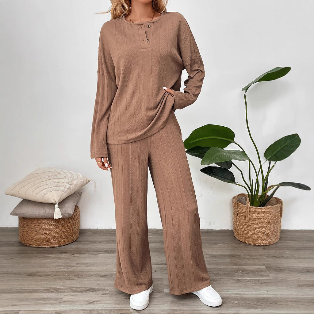 Women's Cozy Knit Set with Wide Leg and Button Placket