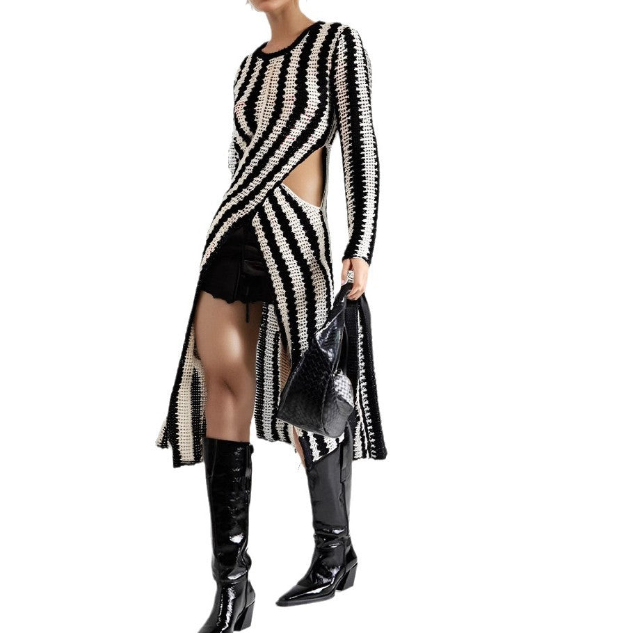 Women's Designer Knit Dress with Asymmetric Cut and Graphic Pattern