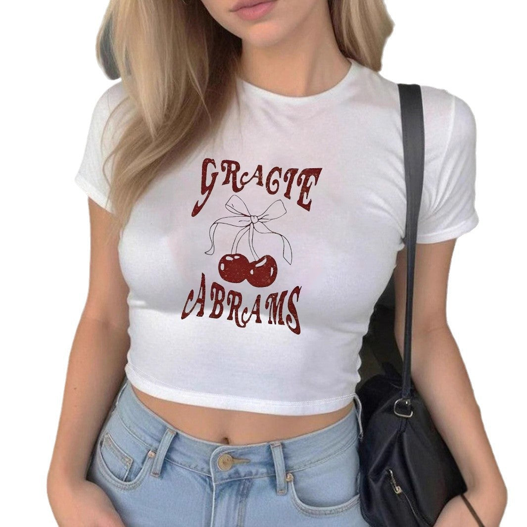 Women's Crop T-Shirt with Cherry Pattern and Playful Lettering