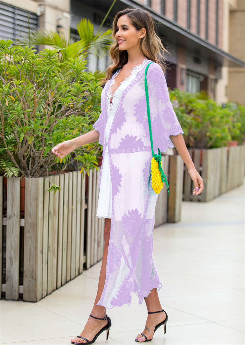 Women's Elegant Crochet Beach Robe with Floral Details and Deep V-Neck