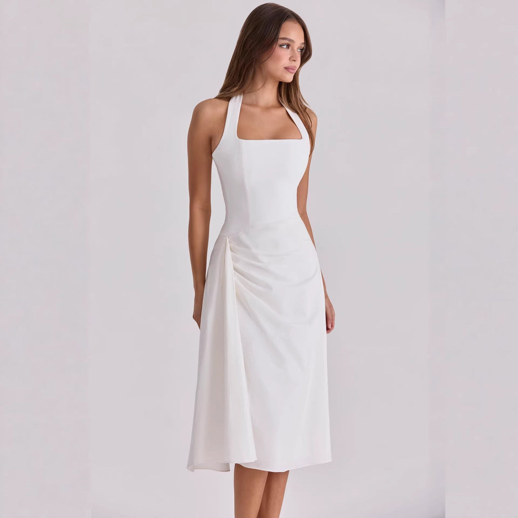 Women's Cocktail Dress with Side Draping and Halterneck Design