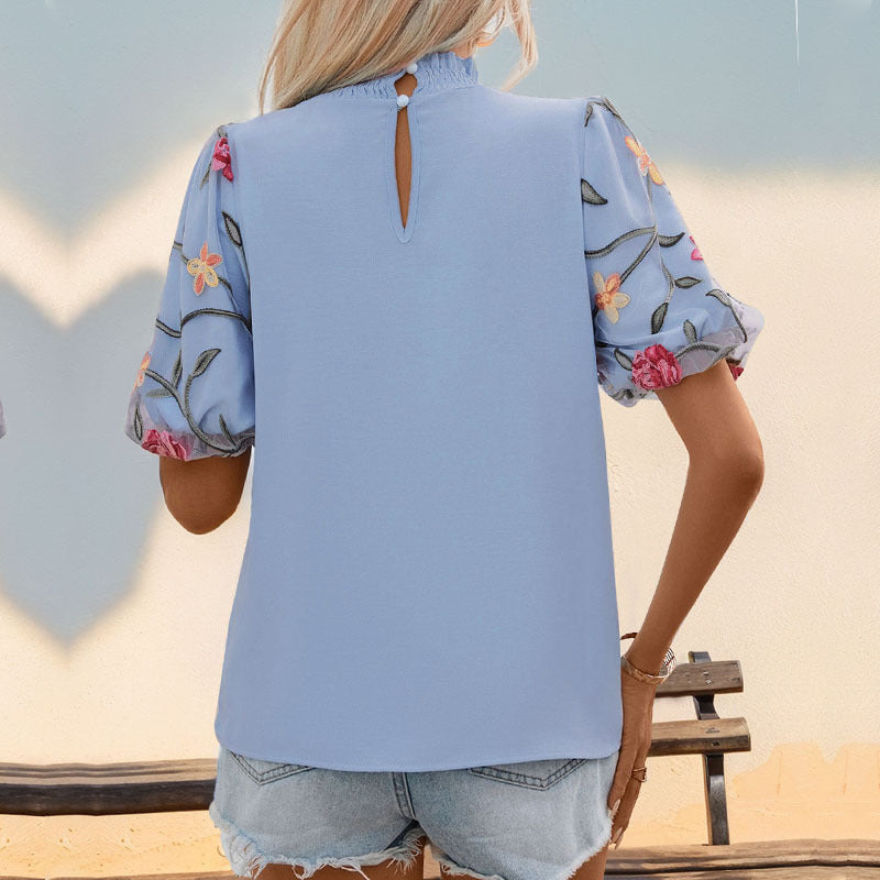 Women's Blouse with Floral Lace Sleeves