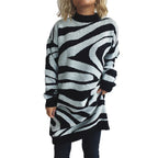 Women's Chunky Knit Sweater with Modern Zebra Design and High Collar