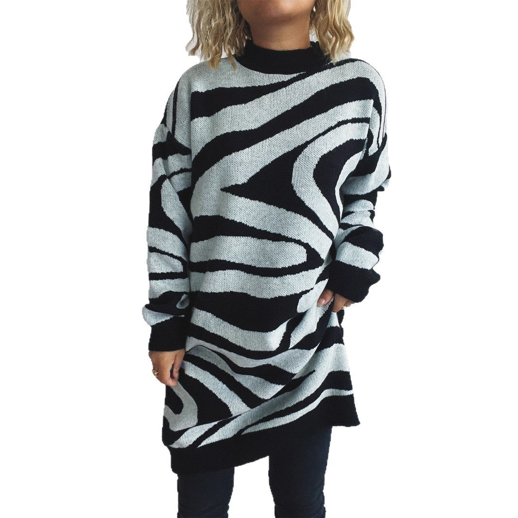 Women's Chunky Knit Sweater with Modern Zebra Design and High Collar