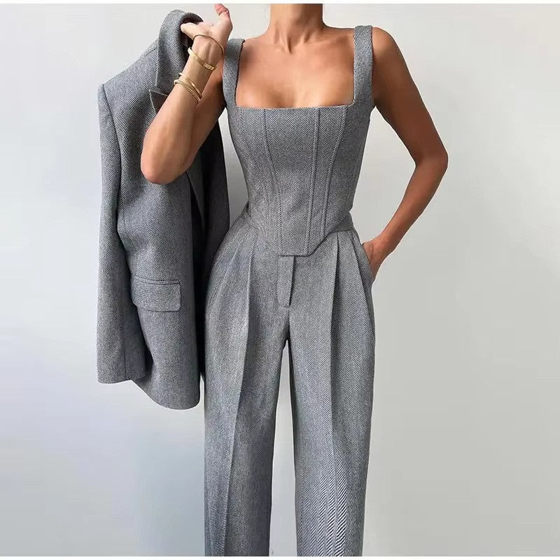 Blazer Suit with Fitted Top and Wide-Leg Trousers