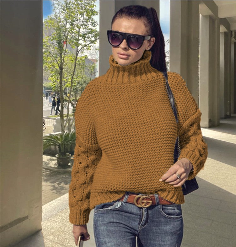 Women's Chunky Knit Sweater with High Collar and Textured Sleeves
