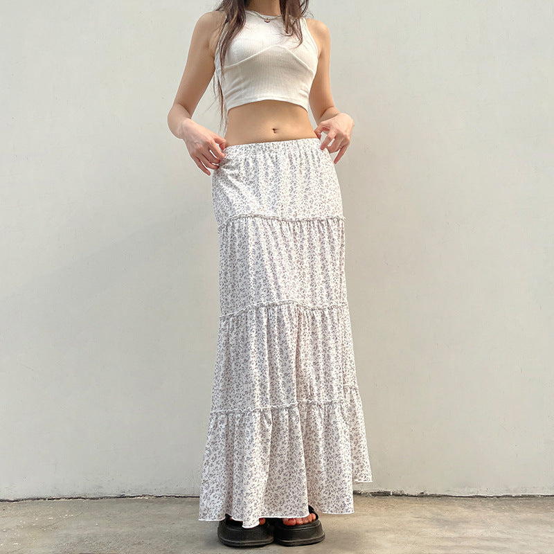 Women's Maxi Skirt with Floral Ruffle Details and Elastic Waistband