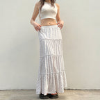Women's Maxi Skirt with Floral Ruffle Details and Elastic Waistband
