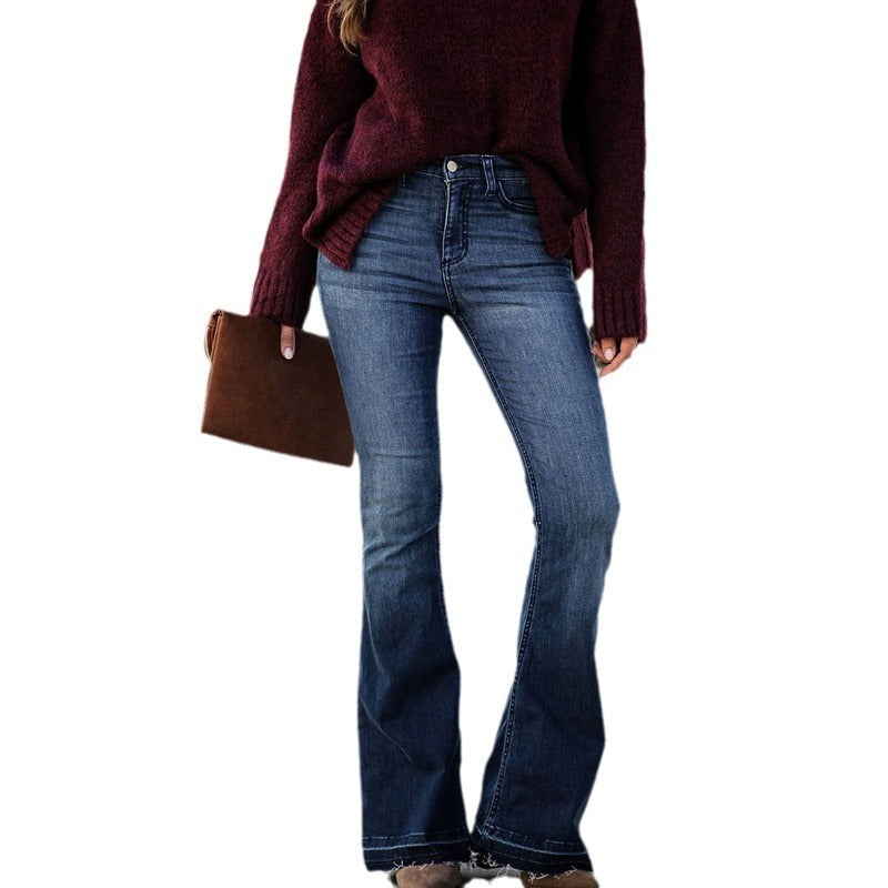 Women's High-Waisted Flared Jeans with Frayed Hem