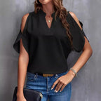 Women's Blouse with Cut-Out Sleeves and Elegant Stand-Up Collar
