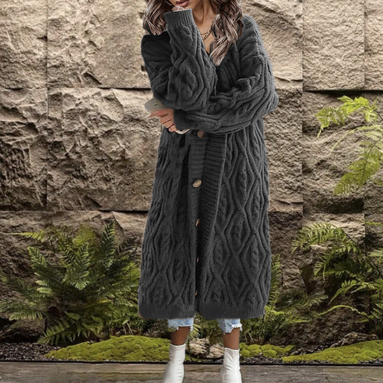 Women's Chunky Knit Coat with Elegant Cable Knit Structure and Buttons