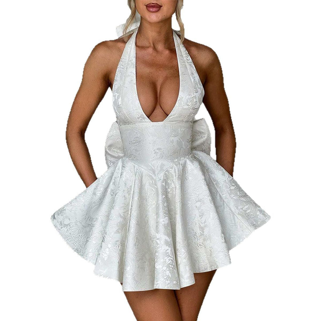 Women's A-Line Dress with Deep Neckline and Bow Details