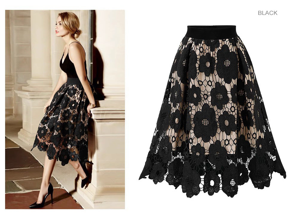 Flared Midi Skirt with Floral Lace Appliqué and Scalloped Hem