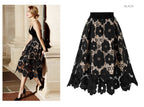 Flared Midi Skirt with Floral Lace Appliqué and Scalloped Hem