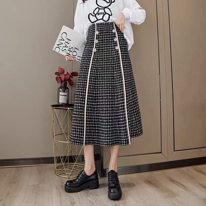 Women's Plaid Midi Skirt with Button Details