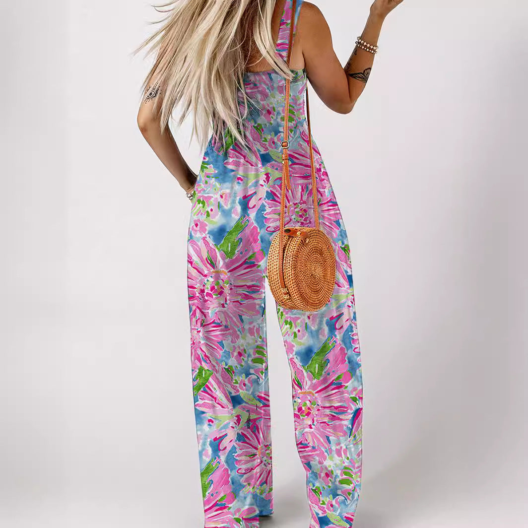 Women's Airy Floral Print Maxi Jumpsuit with Pockets