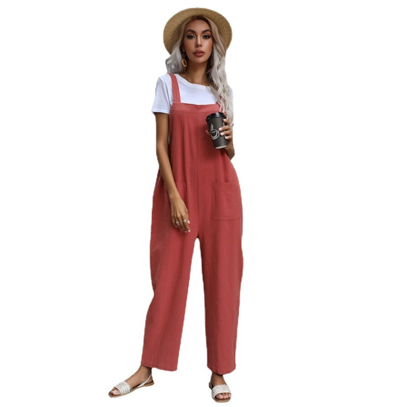 Women's Casual Jumpsuit with Pockets and Adjustable Straps