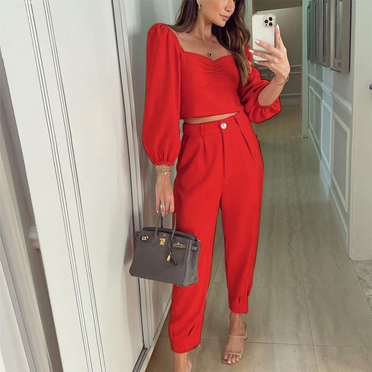 Elegant Women's Cropped Top and High-Waisted Trousers Set