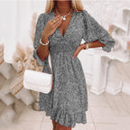 Women's Floral V-Neck Dress with Puff Sleeves