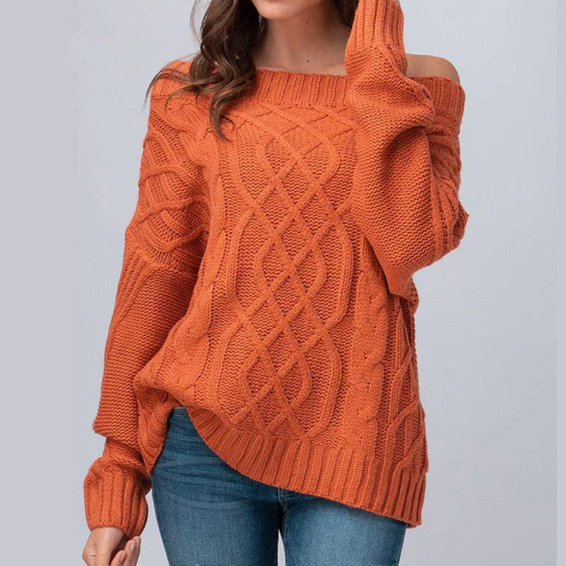 Women's Chunky Knit Sweater with Asymmetrical Neckline and Cable Pattern
