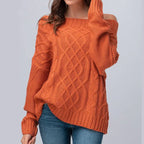 Women's Chunky Knit Sweater with Asymmetrical Neckline and Cable Pattern