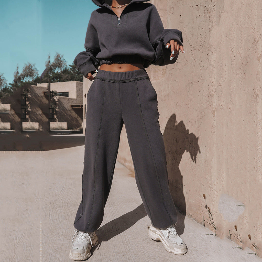 Women's Cropped Zip-Up Sweatshirt with Ruffle Details
